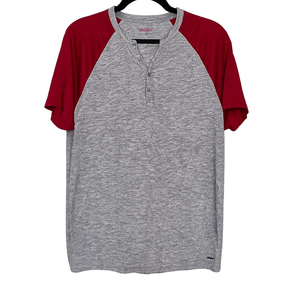 Men’s Express Medium Gray Red Raglan Henley T-Shirt Short Sleeve